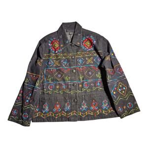 Vtg 1990s New Direction Black Tribal Floral Embroidered Cotton Denim Jacket M